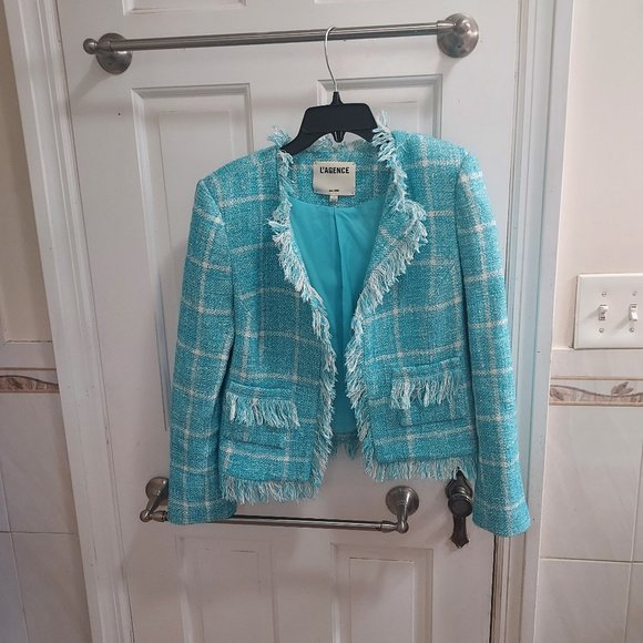L'AGENCE Blue White Angelina Fringe Tweed Blazer - Picture 5 of 11